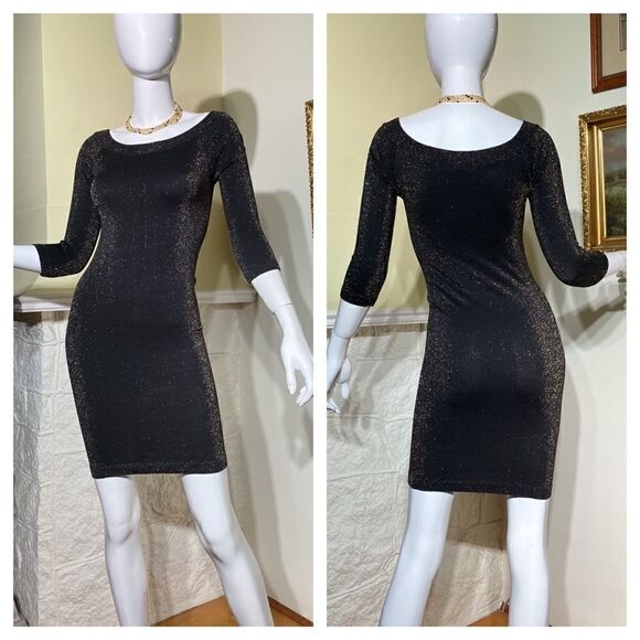 Bebe Stretch Metallic Black & Gold Bodycon Mini Dress 3/4 Sleeves - Picture 1 of 10
